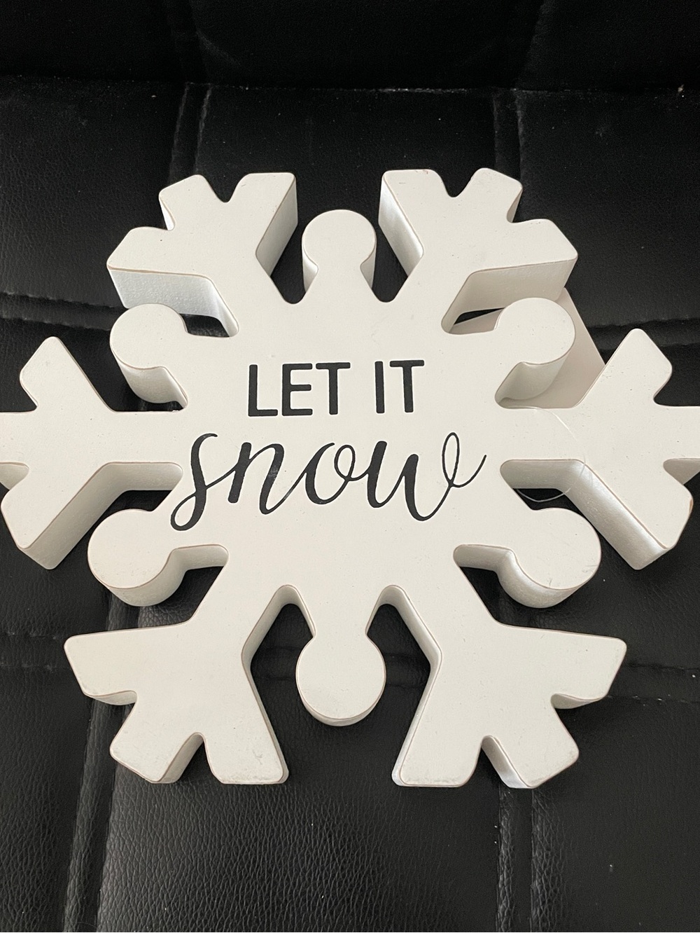 white wooden snowflake featuring the phrase "LET IT SNOW"-NWT
